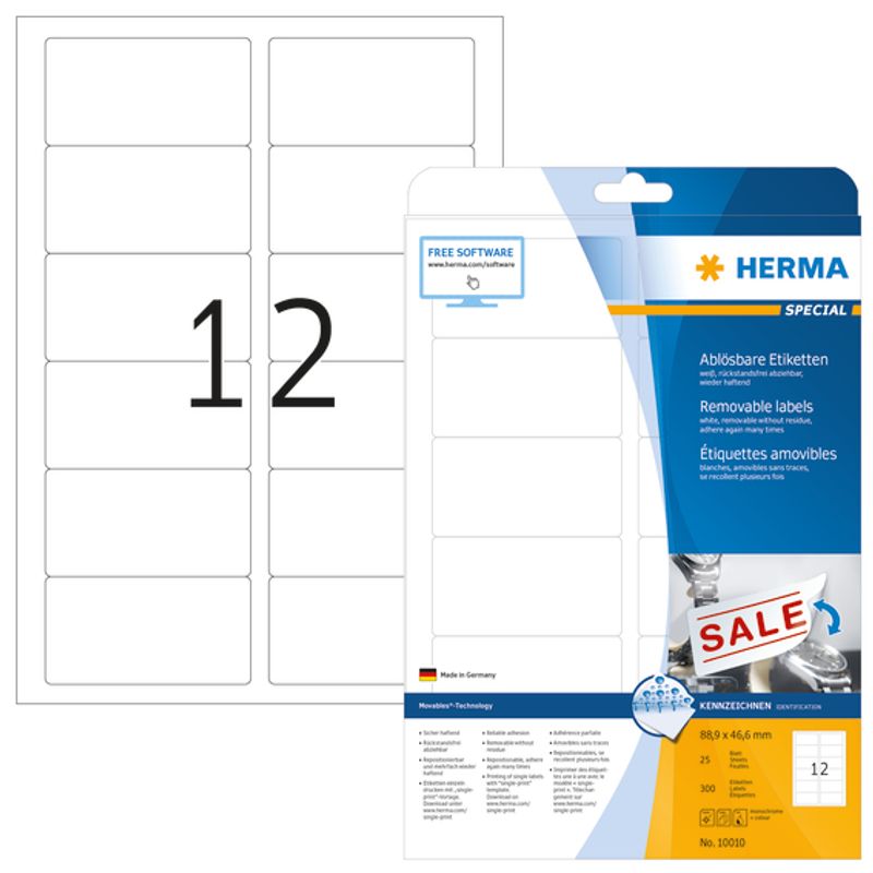 MOVABLES avtagbare etiketter, 25 ark, 88.9x46.6 (300 stk)