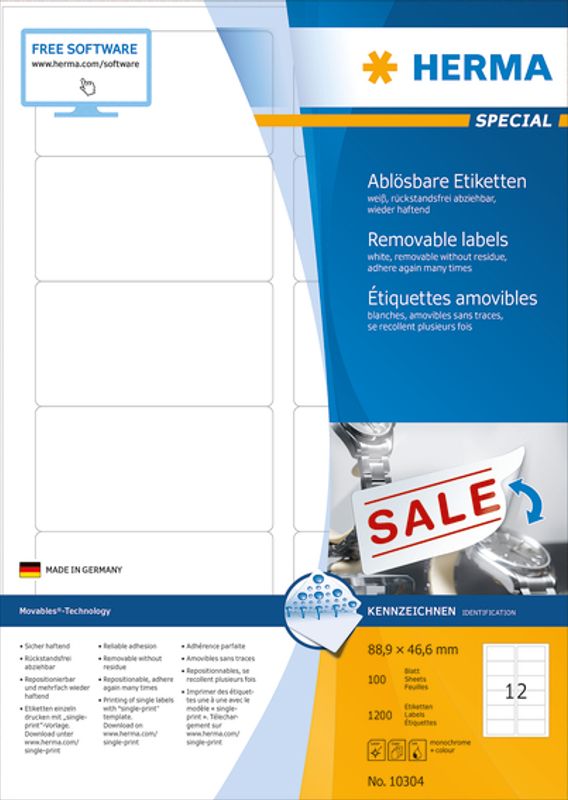 MOVABLES avtagbare etiketter A4 100 ark 88.9x46.6 (1200 stk)