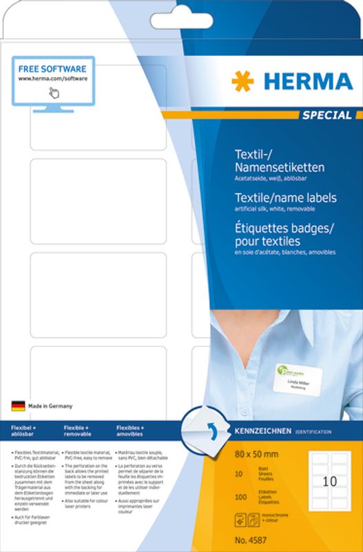 SPECIAL stoffetiketter 10 ark 80x50 hvit (100 stk)