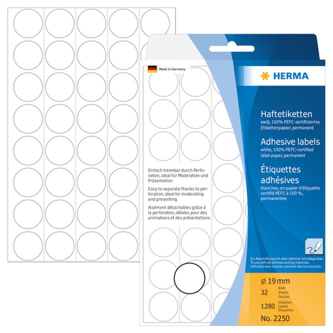 Hovedbilde HERMA runde etiketter, Ø19 mm, hvit (1280 stk)