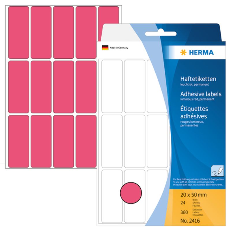 HERMA fargede etiketter, lys rød 20x50 mm (360 stk)