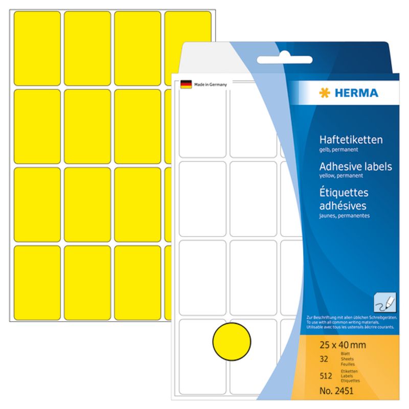 HERMA fargede etiketter, gul 25x40 mm (512 stk)