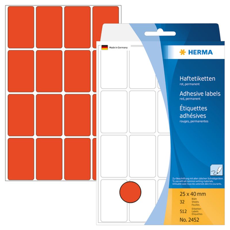 HERMA fargede etiketter, rød 25x40 mm (512 stk)