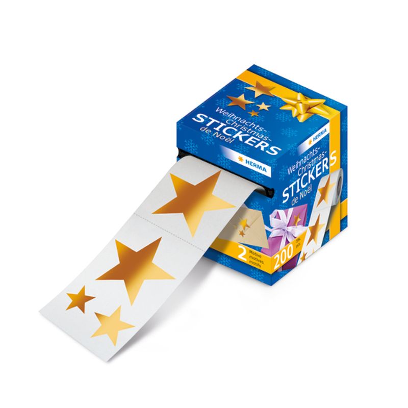 Juleetiketter, Stjerner gullfolie, 2 motiver (200 stk)
