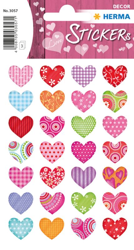 DECOR Stickers Hjerter med mønster, 3 ark (10 pakk)