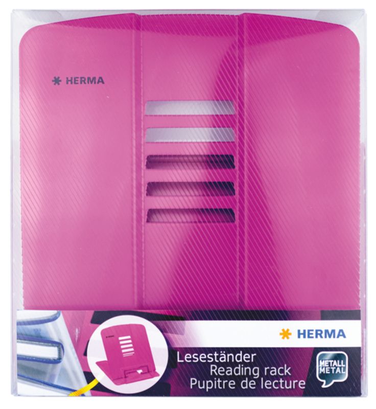 Lesestativ i metall, rosa, høyde 19 cm, justerbar i 5 trinn