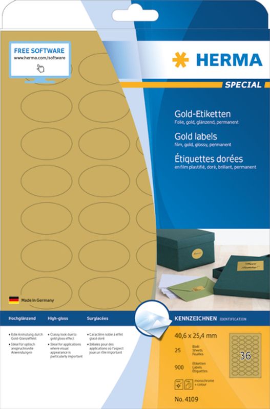 SPECIAL gull etiketter glossy oval, 25 ark, 40.6x25.4 (900 stk)