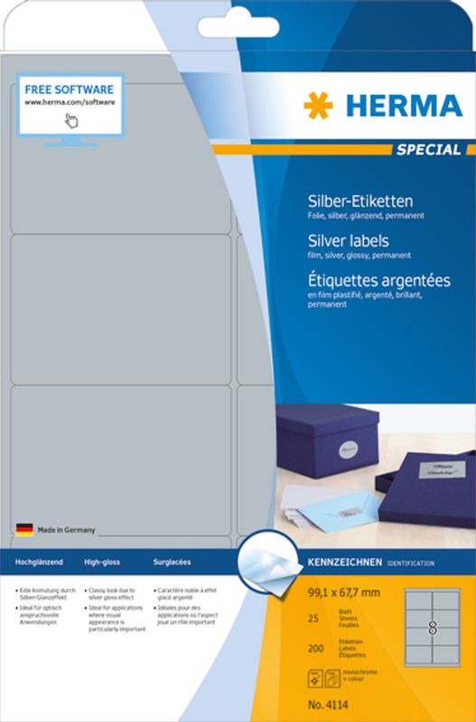 SPECIAL sølv etiketter glossy, 25 ark, 99.1x67.7 (200 stk)