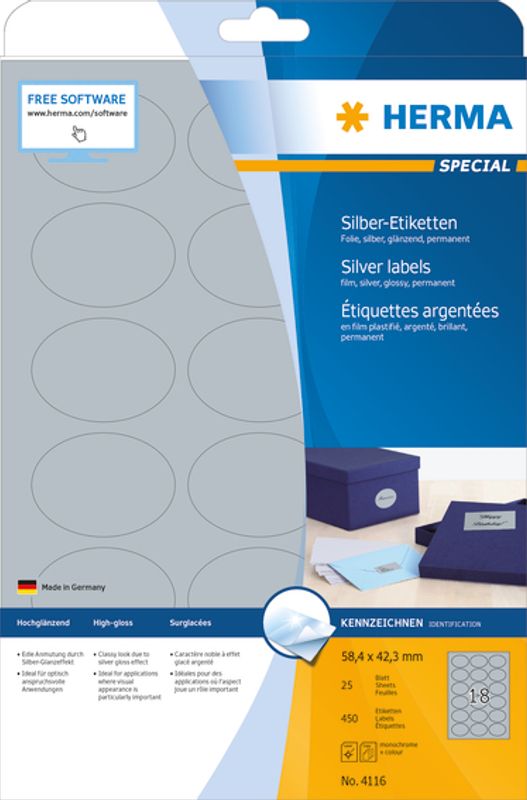SPECIAL sølv etiketter glossy oval 25 ark, 58.4x42.3 (450 stk)