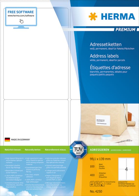 PREMIUM adresseetiketter, 100 ark 99.1x139.0 (400 stk)