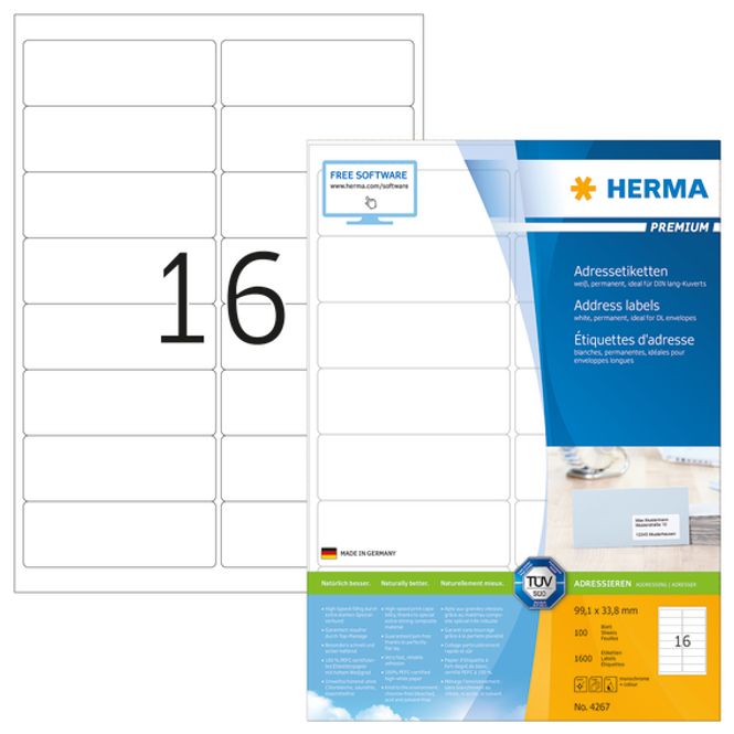 Hovedbilde PREMIUM adresseetiketter 100 ark 99.1x33.8 (1600 ...