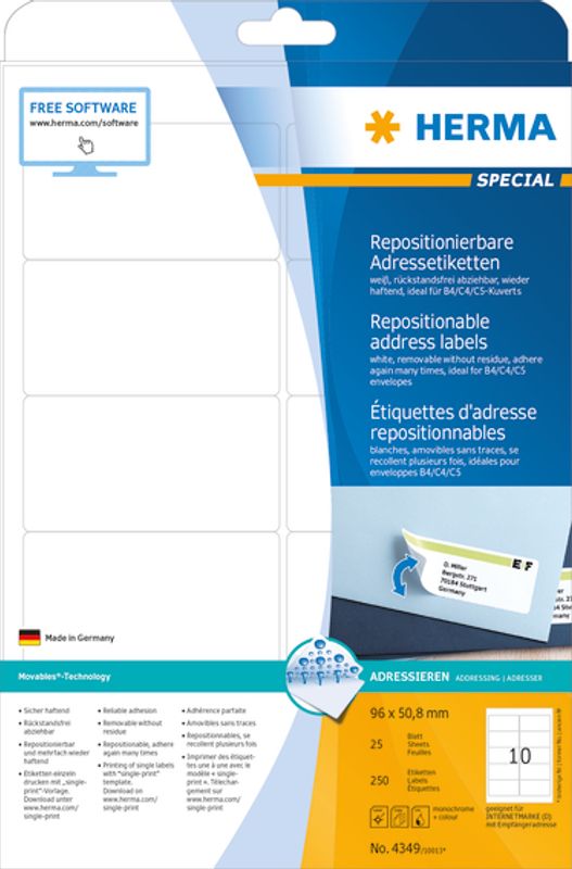SPECIAL avtagbare etiketter, 25 ark 96x50.8 (250 stk)