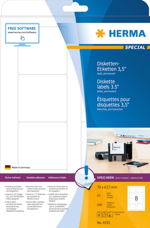 SPECIAL etiketter til PC-disk 3.5, 25 ark 70x67.7 200 stk