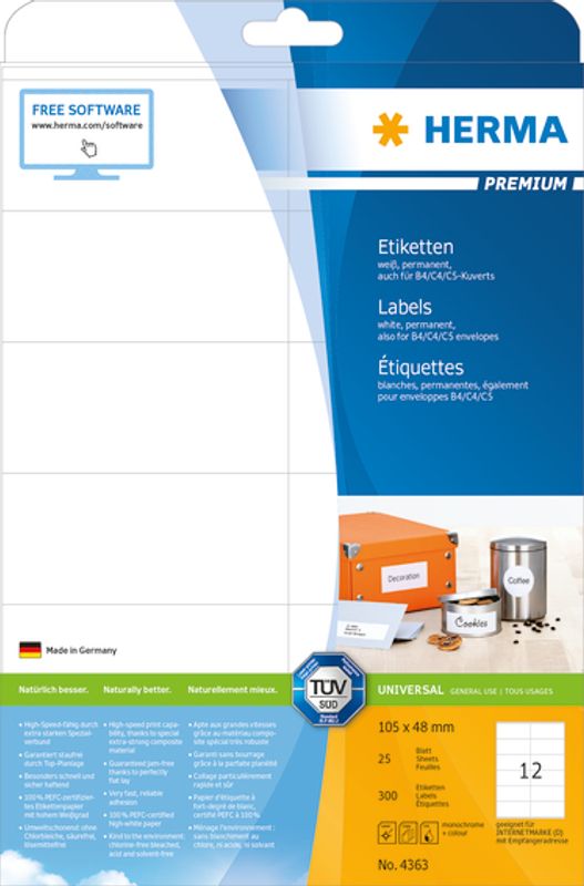 PREMIUM universaletiketter, 25 ark 105x48 (300 stk)