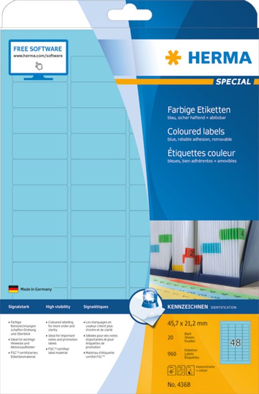 SPECIAL fargede etiketter 20 ark, 45.7x21.2 blå 960 stk