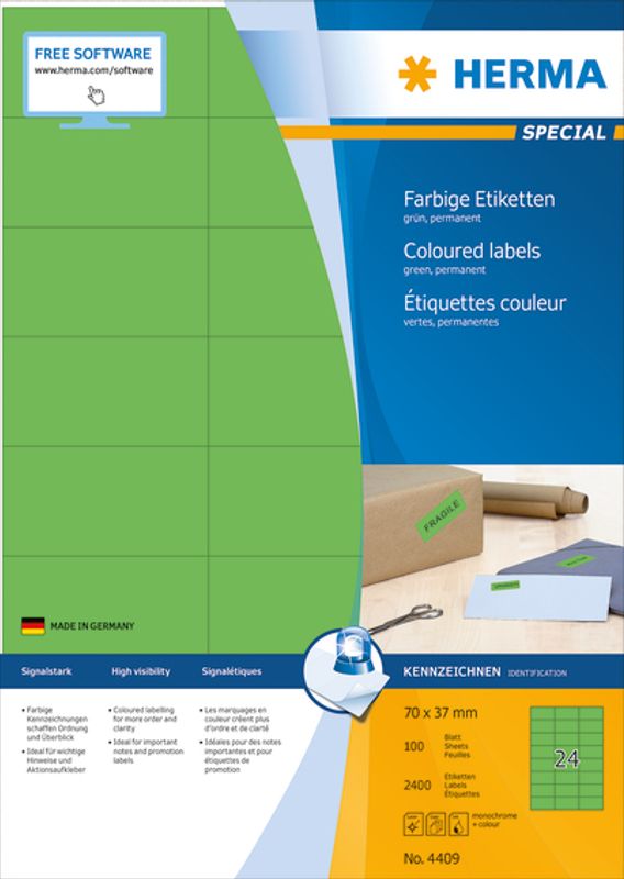 SPECIAL fargede etiketter 100 ark, 70x37 grønn (2400 stk)