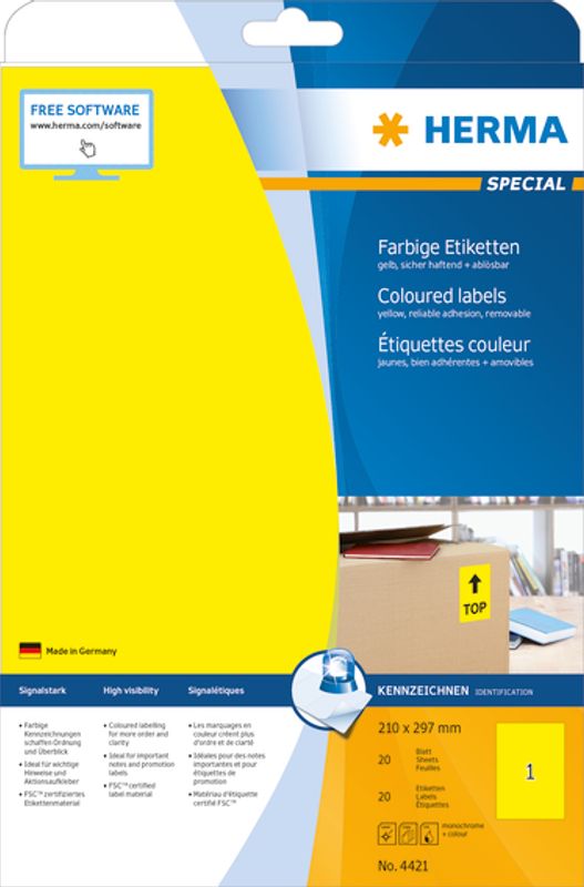 SPECIAL fargede selvklebende ark, A4, 210x297 gul (20 stk)
