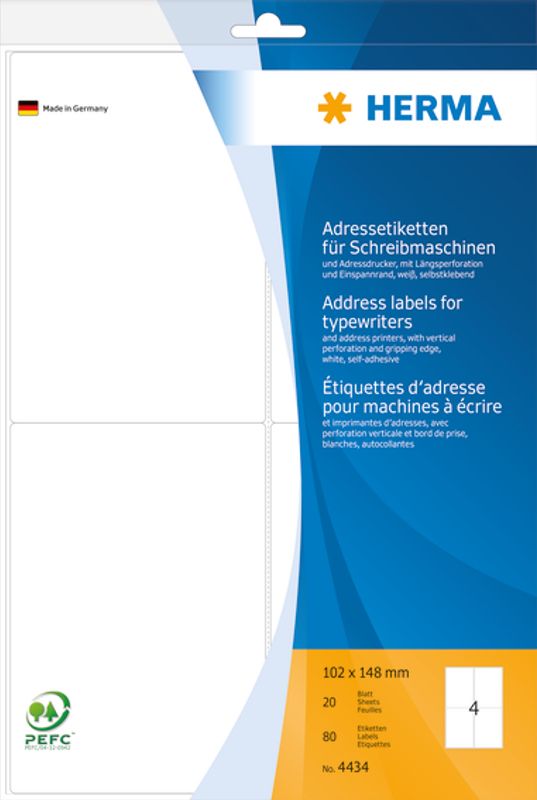 Adresseetiketter, perforert 20ark, A4, 102x148 (80 stk)
