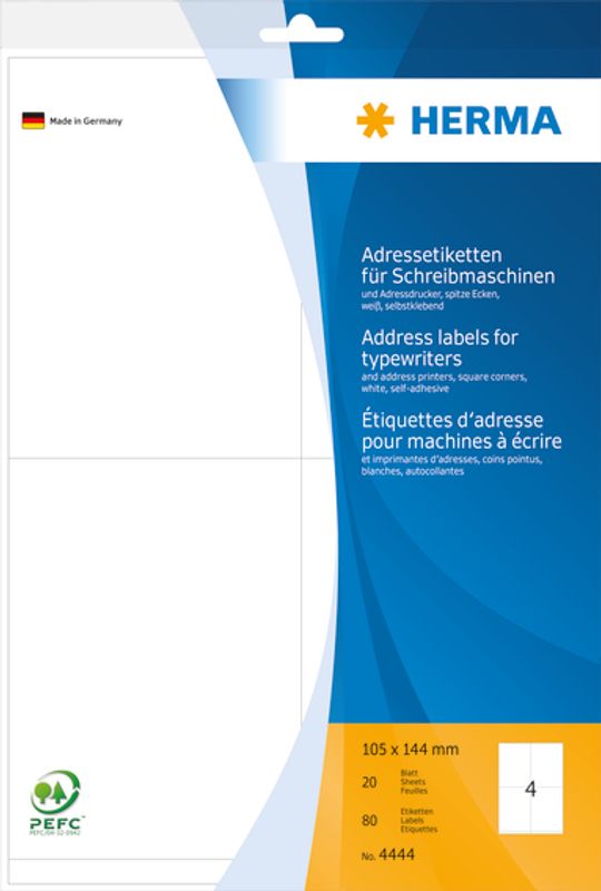 Adresseetiketter spisse kanter 20 ark, A4 105x144 (80 stk)