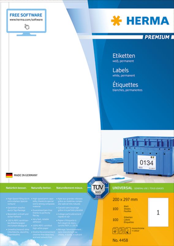 PREMIUM universaletiketter, A4, 100 ark, 200x297 (100 stk)