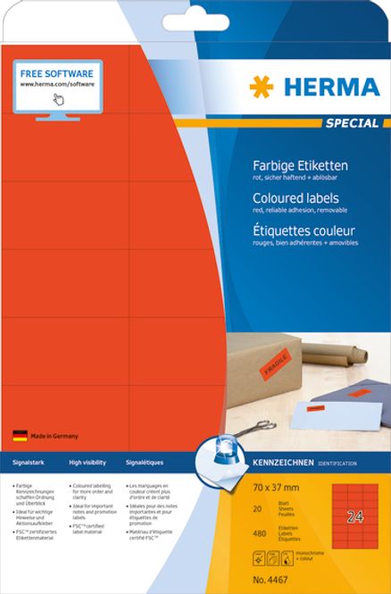 Hovedbilde SPECIAL fargede etiketter 20 ark, 70x37 rød (480 ...