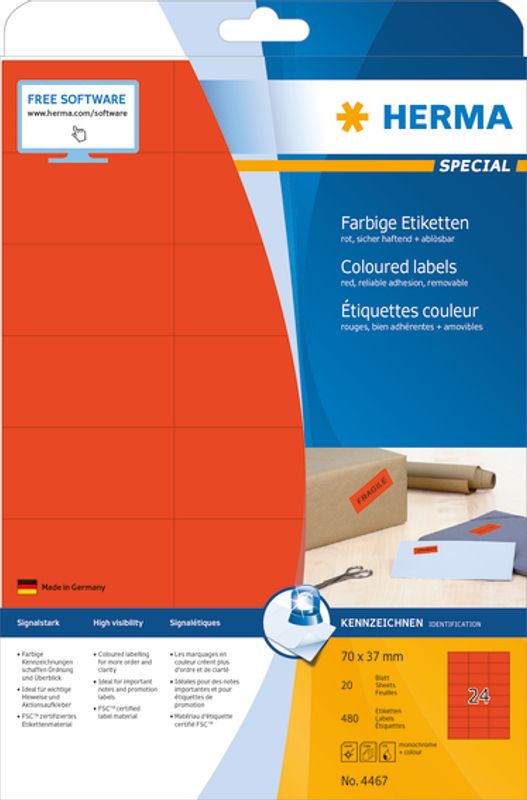 SPECIAL fargede etiketter 20 ark, 70x37 rød (480 stk)