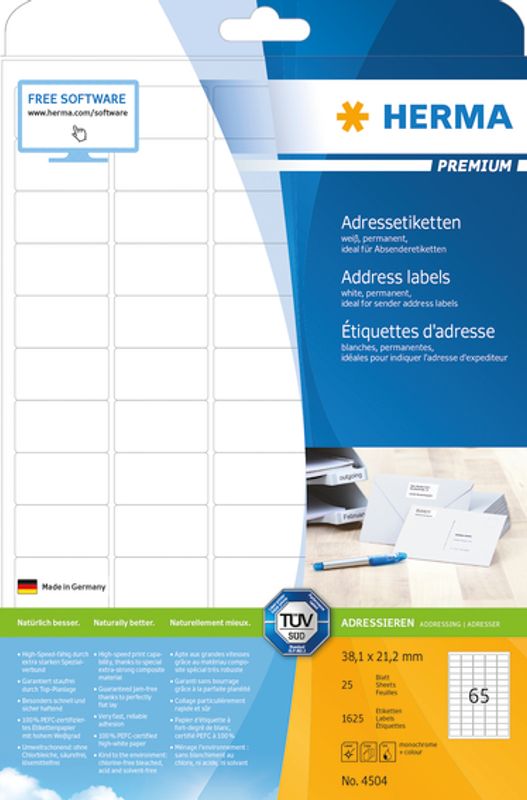 PREMIUM universaletiketter, 25 ark 38.1x21.2 (1625 stk)