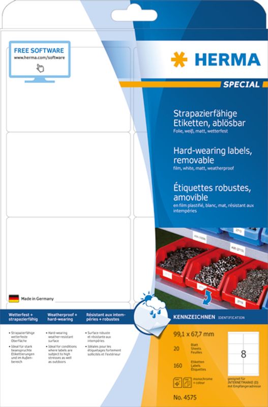 SPECIAL slitesterke etiketter avtagbar 20ark 99,1x67,7 (160 stk)