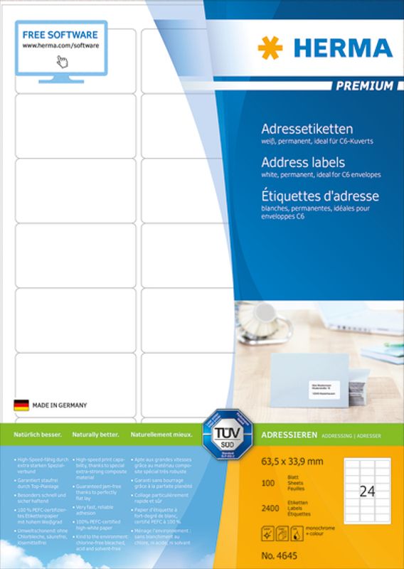 PREMIUM adresseetiketter, 100 ark 63.5x33.9 (240 stk)