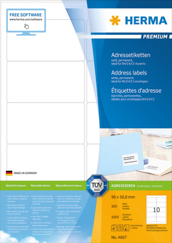 PREMIUM adresseetiketter 100 ark 96x50.8 (1000 stk)