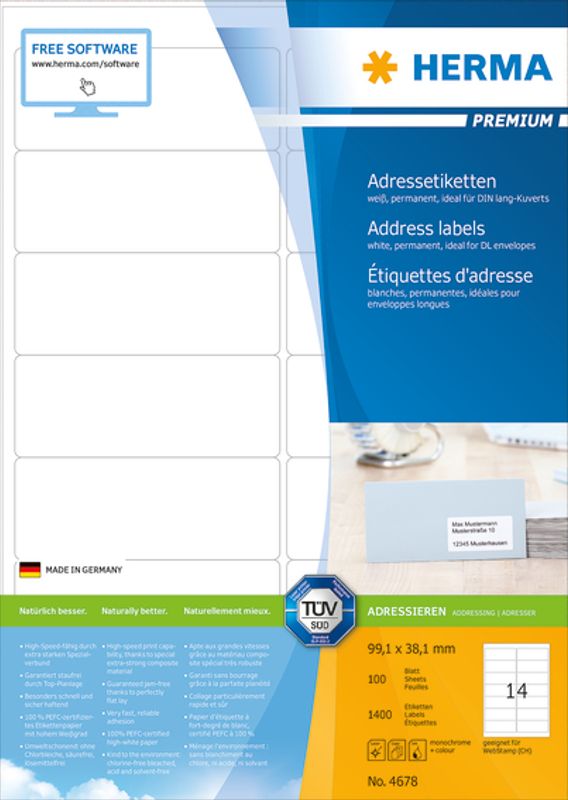 PREMIUM adresseetiketter, 100 ark 99.1x38.1 (1400 stk)