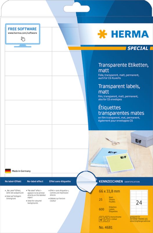 SPECIAL transparente etiketter 25 ark 66x33.8 (600 stk)
