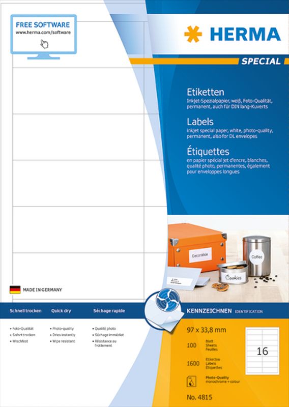 InkPrint fotokvalitet etiketter 100 ark 96.5x33.8 (1600 stk)