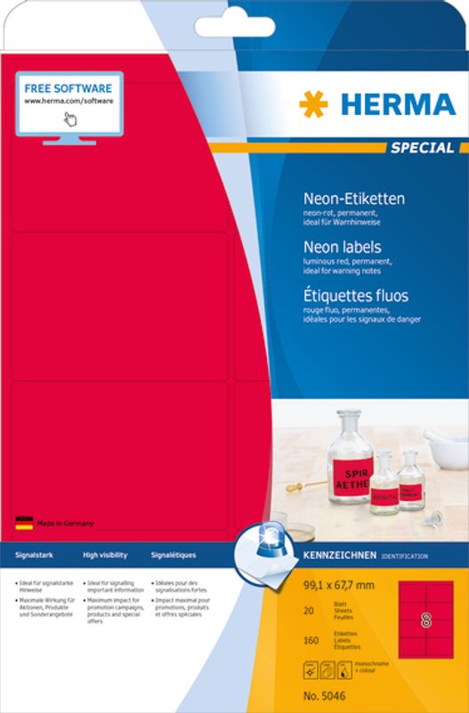 SPECIAL fargede etiketter, 20 ark, 99.1x67.7 neon rød 160 stk