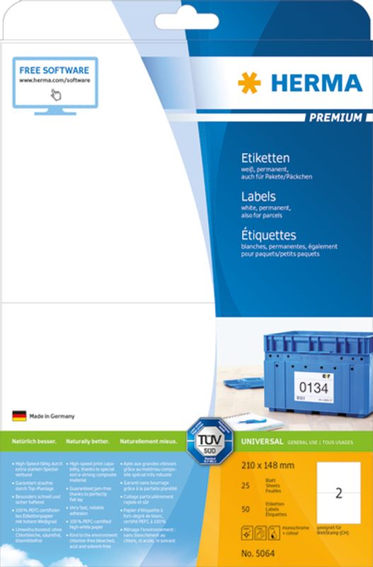 PREMIUM universaletiketter, papir, 25 ark 210x148 (50 stk)