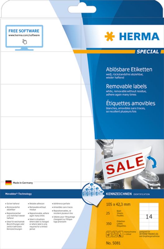 SPECIAL avtagbare etiketter, 105x42,3, 25 ark (350 stk)
