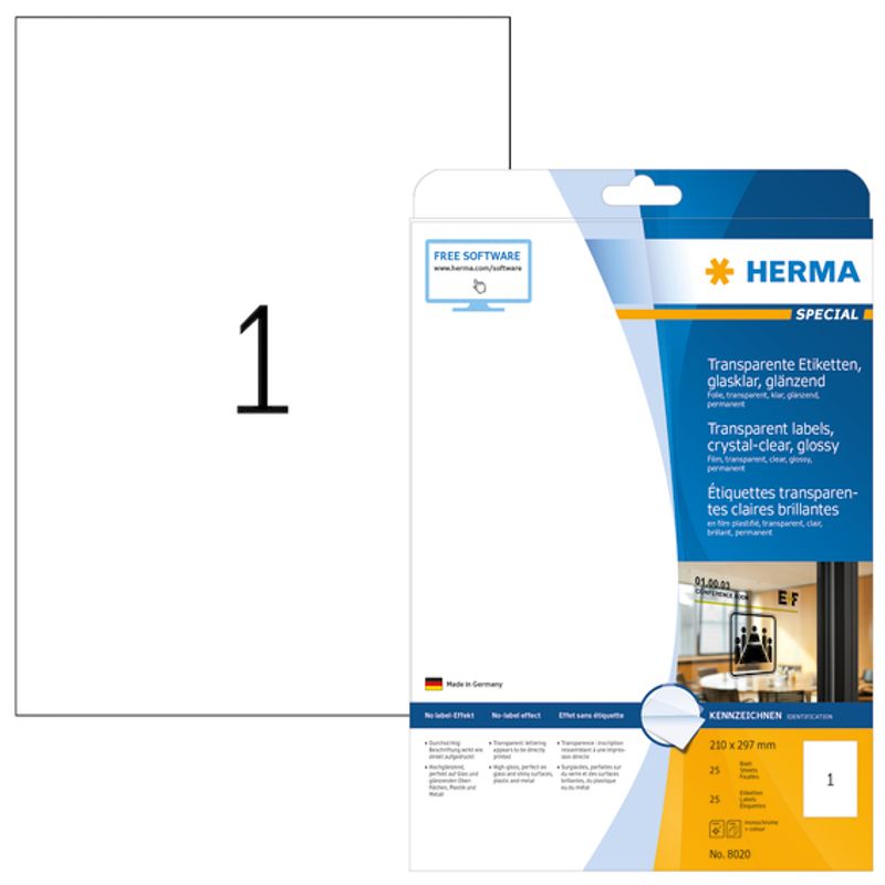 SPECIAL glassklare etiketter 25 ark 210x297 (25 stk)