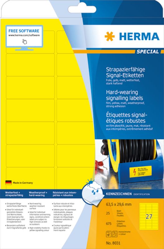 SPECIAL slitesterke etiketter, gul, 25 ark 63,5x29,6 (675)