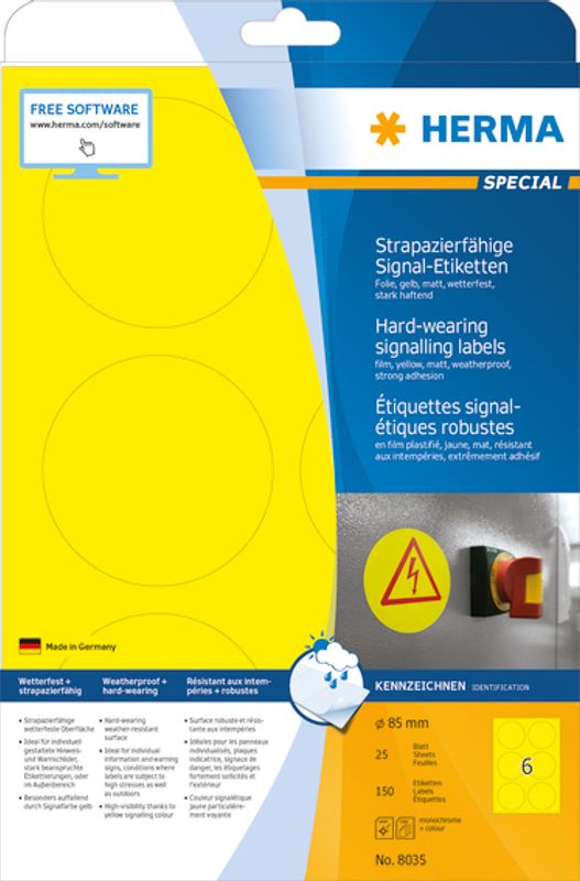 SPECIAL slitesterke etiketter, gul, 25 ark Ø85 (150 stk)