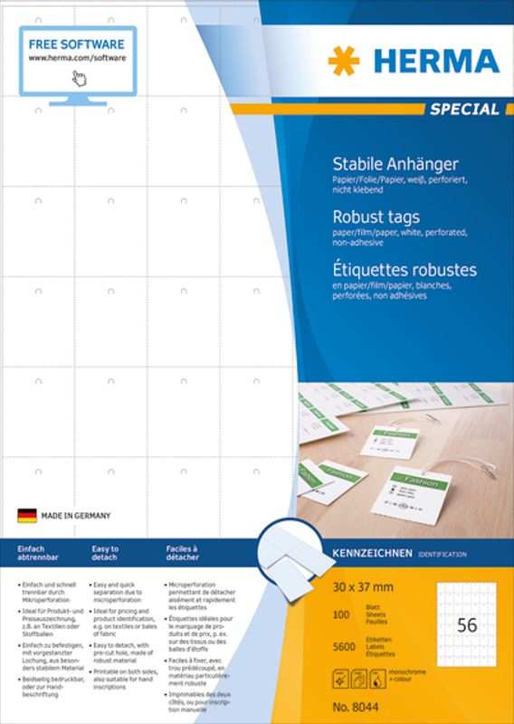 SPECIAL hvite merkelapper til skriver, 30x37 100 ark (5600 stk)