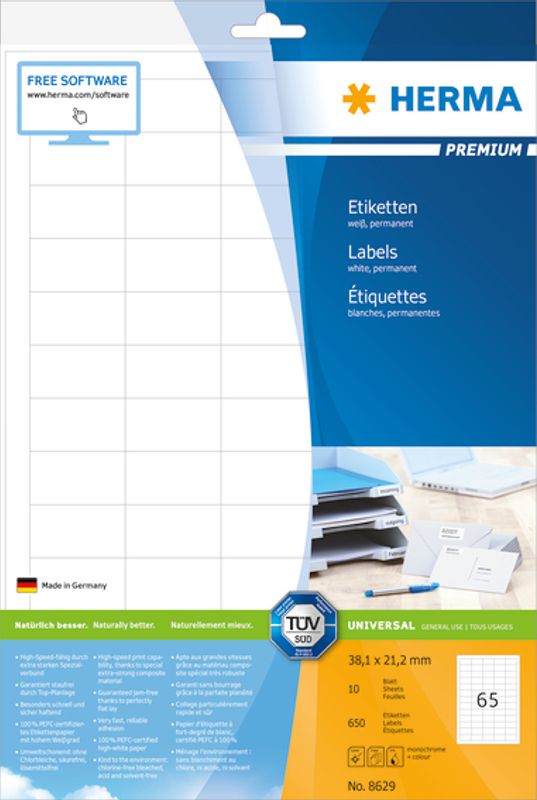 PREMIUM universaletiketter, papir, 10 ark 38.1x21.2 (650 stk)