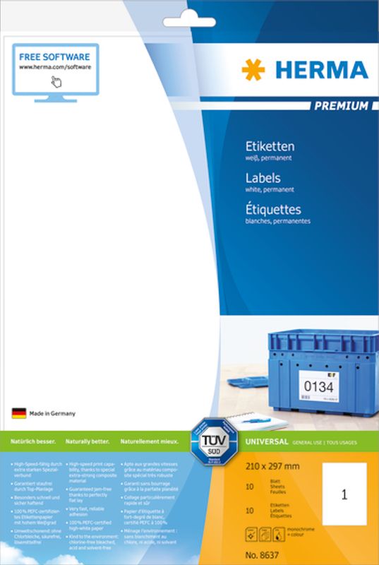 PREMIUM universaletiketter, A4, 10 ark, 210x297 mm (10 stk)