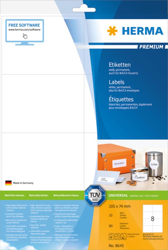 PREMIUM universaletiketter, papir, 10 ark 105x74 (80 stk)