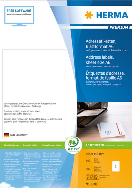 PREMIUM etiketter, A6, peel-off, 800 ark, 105x148 mm (800 stk)